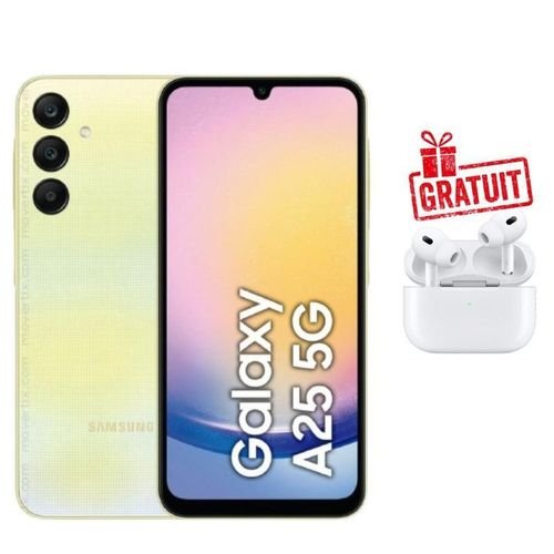 Samsung Galaxy A25 5G – Écran 6.5" Super AMOLED 120 Hz, 8 GB RAM / 256 GB + Triple Caméra 50 MP + Batterie 5000 mAh + Airpods Pro Écouteurs Bluetooth Offerts