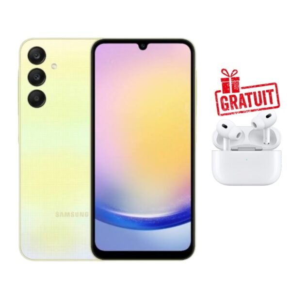 Samsung Galaxy A25 5G – Écran 6.5" Super AMOLED 120 Hz, 8 GB RAM / 256 GB + Triple Caméra 50 MP + Batterie 5000 mAh + Airpods Pro Écouteurs Bluetooth Offerts